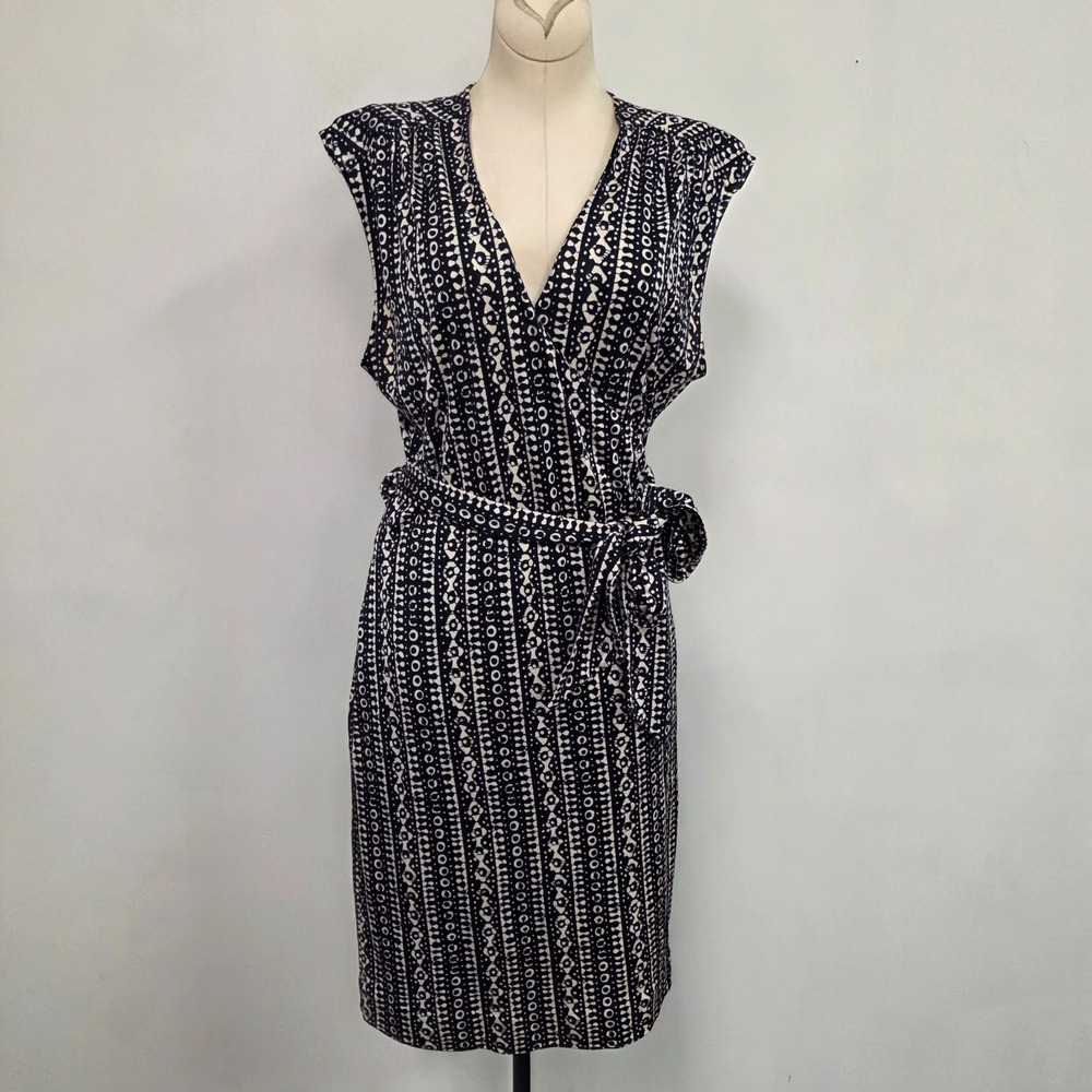 Tory Burch Silk Wrap Dress Size XL Geometric Blue Below Knee Designer‎ Luxe